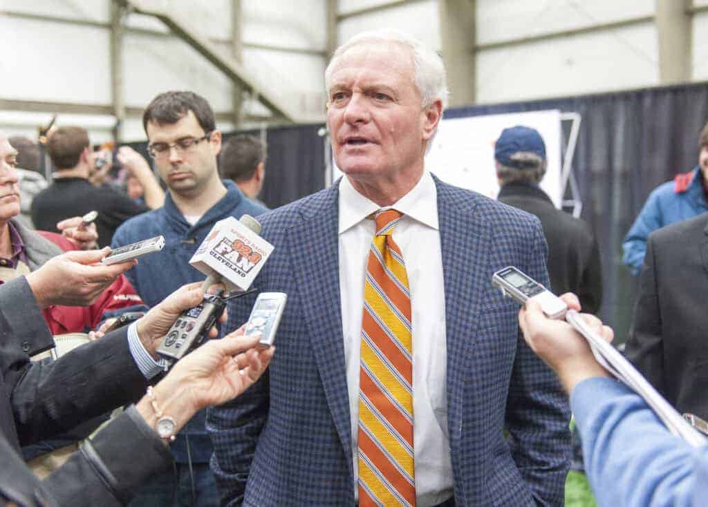 BEREA, OH - JANUARY 23: Cleveland Browns owner Jimmy Haslam fields questions from the media during a press conference to announce the team's new head coach Mike Pettine at the Browns training facility on January 23, 2014 in Berea, Ohio.