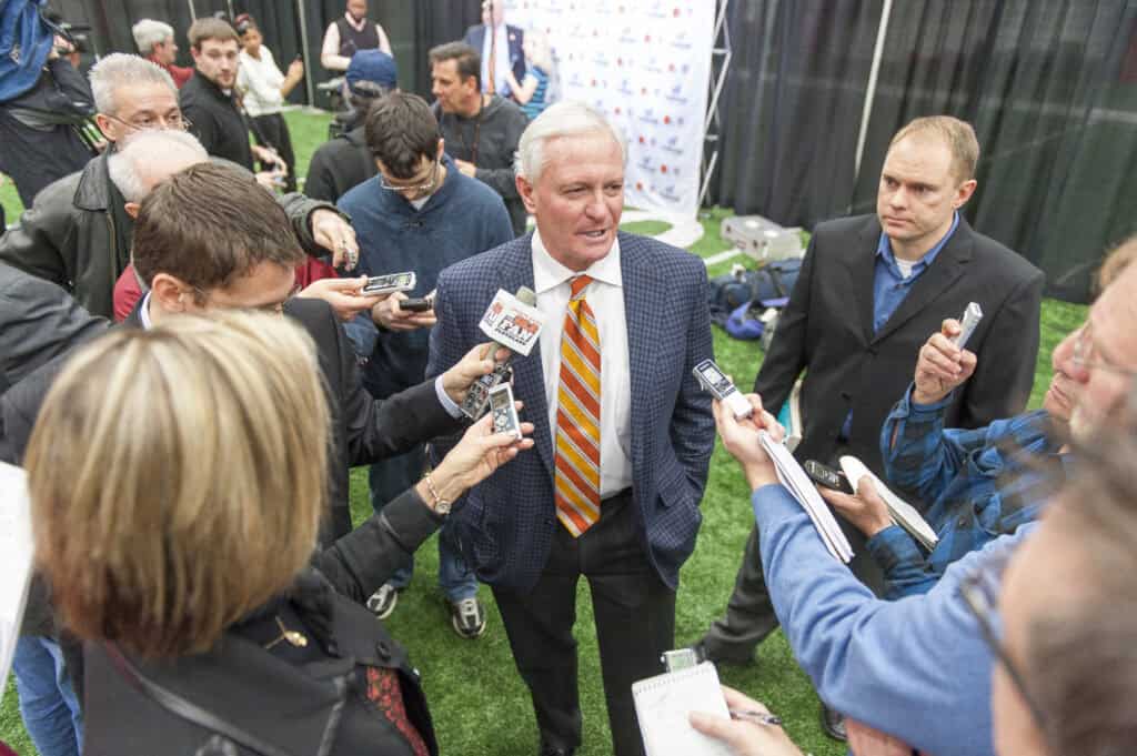 BEREA, OH - JANUARY 23: Cleveland Browns owner Jimmy Haslam fields questions from the media during a press conference to announce the team's new head coach Mike Pettine at the Browns training facility on January 23, 2014 in Berea, Ohio.