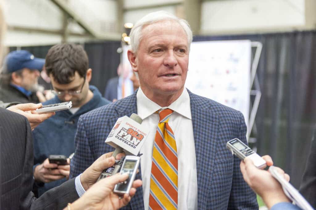 BEREA, OH - JANUARY 23: Cleveland Browns owner Jimmy Haslam fields questions from the media during a press conference to announce the teams new head coach Mike Pettine at the Browns training facility on January 23, 2014 in Berea, Ohio.