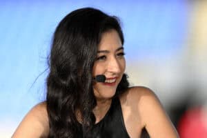 BALTIMORE, MARYLAND - SEPTEMBER 22: ESPN Broadcaster Mina Kimes speaks before the game between the Baltimore Ravens and the Detroit Lions at M&T Bank Stadium on September 22, 2025 in Baltimore, Maryland.