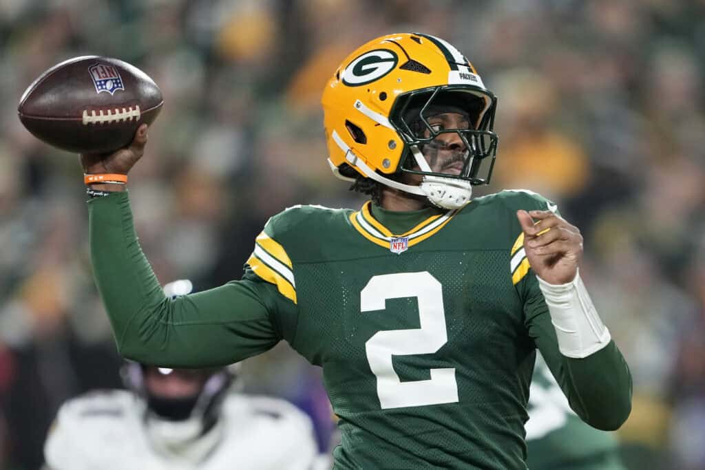 GREEN BAY, WISCONSIN - DECEMBER 27: Malik Willis #2 of the Green Bay Packers throws a pass in the second quarter against the Baltimore Ravens at Lambeau Field on December 27, 2025 in Green Bay, Wisconsin.