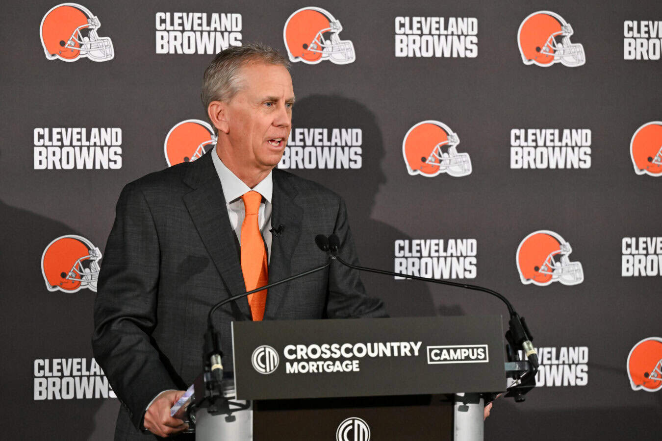 BEREA, OHIO - FEBRUARY 03: Todd Monken answers questions from the media after being introduced as head coach of the Cleveland Browns during a press conference at CrossCountry Mortgage Campus on February 03, 2026 in Berea, Ohio.