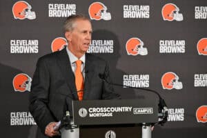 BEREA, OHIO - FEBRUARY 03: Todd Monken answers questions from the media after being introduced as head coach of the Cleveland Browns during a press conference at CrossCountry Mortgage Campus on February 03, 2026 in Berea, Ohio.