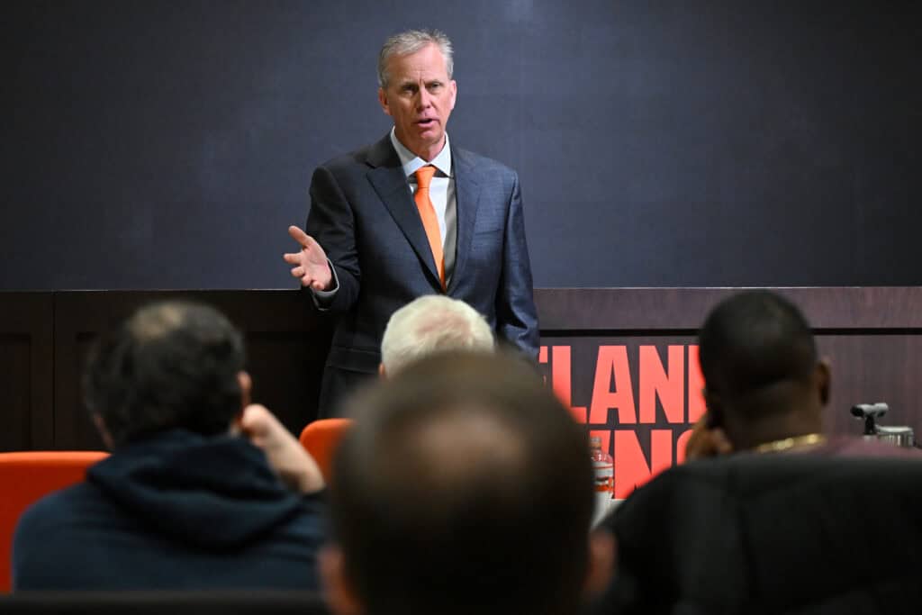 BEREA, OHIO - FEBRUARY 03: Todd Monken talks with the media after being introduced as head coach of the Cleveland Browns during a press conference at CrossCountry Mortgage Campus on February 03, 2026 in Berea, Ohio.