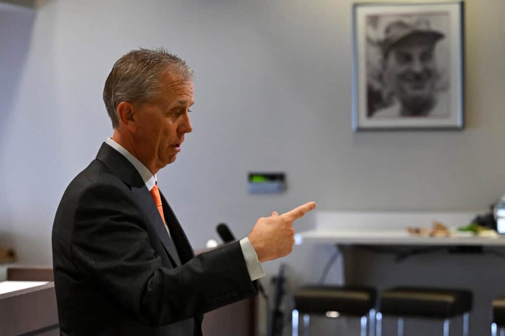 BEREA, OHIO - FEBRUARY 03: Todd Monken talks with the media after being introduced as head coach of the Cleveland Browns during a press conference at CrossCountry Mortgage Campus on February 03, 2026 in Berea, Ohio.