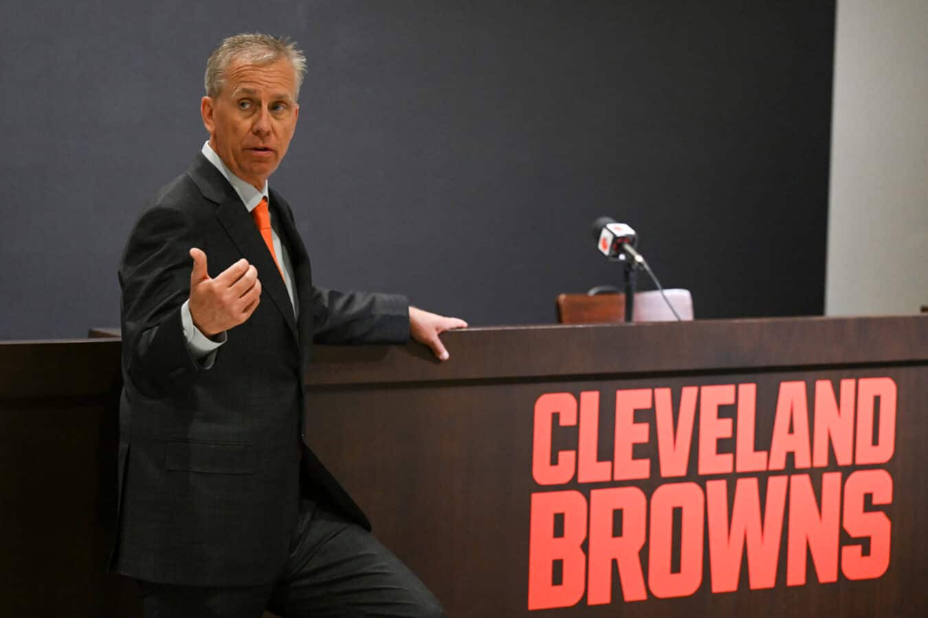 BEREA, OHIO - FEBRUARY 03: Todd Monken talks with the media after being introduced as head coach of the Cleveland Browns during a press conference at CrossCountry Mortgage Campus on February 03, 2026 in Berea, Ohio.