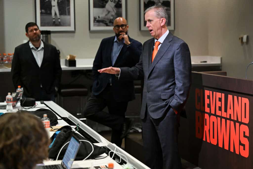 BEREA, OHIO - FEBRUARY 03: Todd Monken talks with the media after being introduced as head coach of the Cleveland Browns during a press conference at CrossCountry Mortgage Campus on February 03, 2026 in Berea, Ohio.
