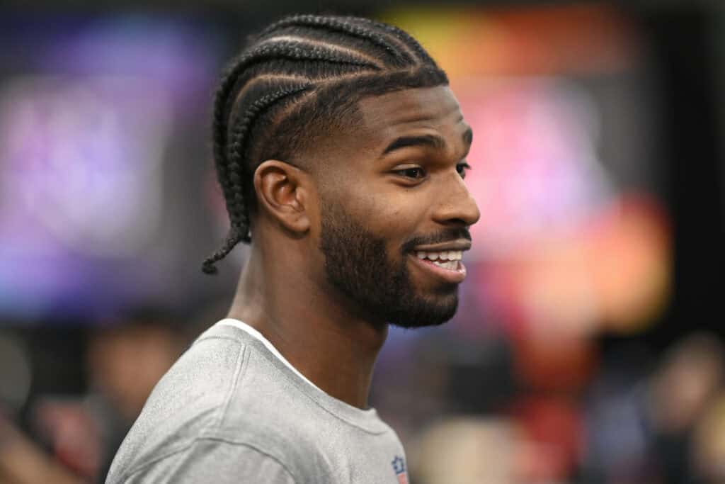 SAN FRANCISCO, CALIFORNIA - FEBRUARY 02: Shedeur Sanders #12 of the Cleveland Browns speaks to the media before the AFC Pro Bowl practice at Moscone Center South on February 02, 2026 in San Francisco, California.