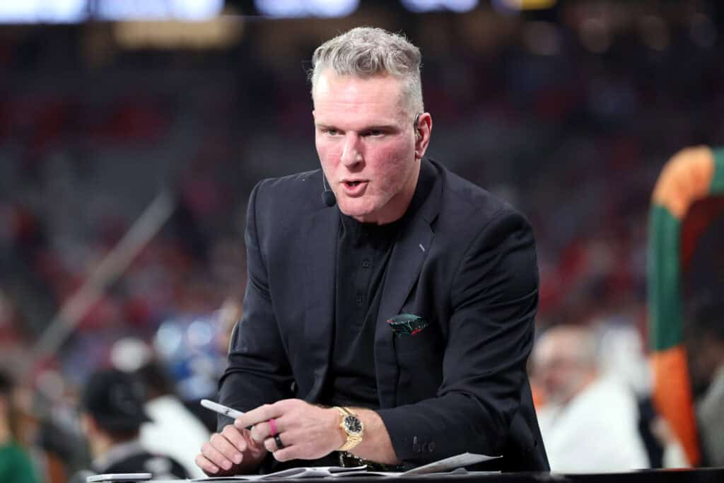 GLENDALE, ARIZONA - JANUARY 08: Pat McAfee speaks before the 2025 College Football Playoff Semifinal at the VRBO Fiesta Bowl between the Ole Miss Rebels and the Miami Hurricanes at State Farm Stadium on January 08, 2026 in Glendale, Arizona. The Hurricanes defeated the Rebels 31-27.