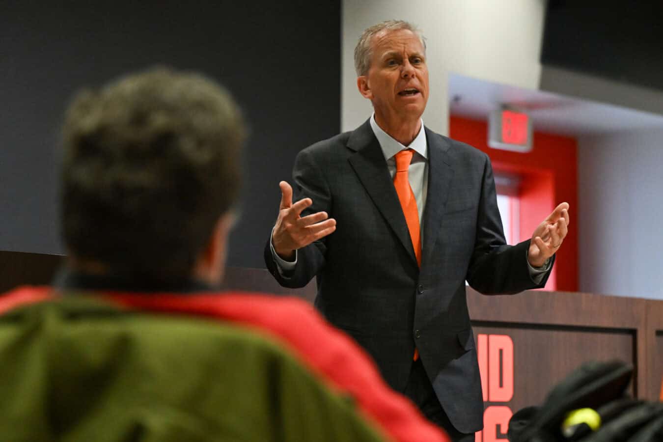 BEREA, OHIO - FEBRUARY 03: Todd Monken talks with the media after being introduced as head coach of the Cleveland Browns during a press conference at CrossCountry Mortgage Campus on February 03, 2026 in Berea, Ohio.