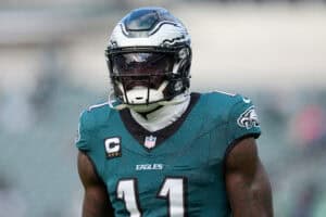 PHILADELPHIA, PENNSYLVANIA - DECEMBER 14: A.J. Brown #11 of the Philadelphia Eagles looks on during warmups before the game against the Las Vegas Raiders at Lincoln Financial Field on December 14, 2025 in Philadelphia, Pennsylvania