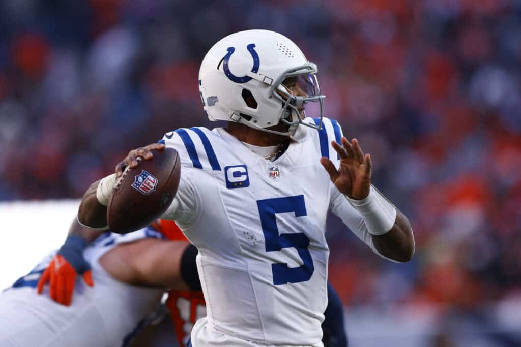 DENVER, COLORADO - DECEMBER 15: Anthony Richardson #5 of the Indianapolis Colts throws a pass against the Denver Broncos during the second quarter at Empower Field At Mile High on December 15, 2024 in Denver, Colorado.