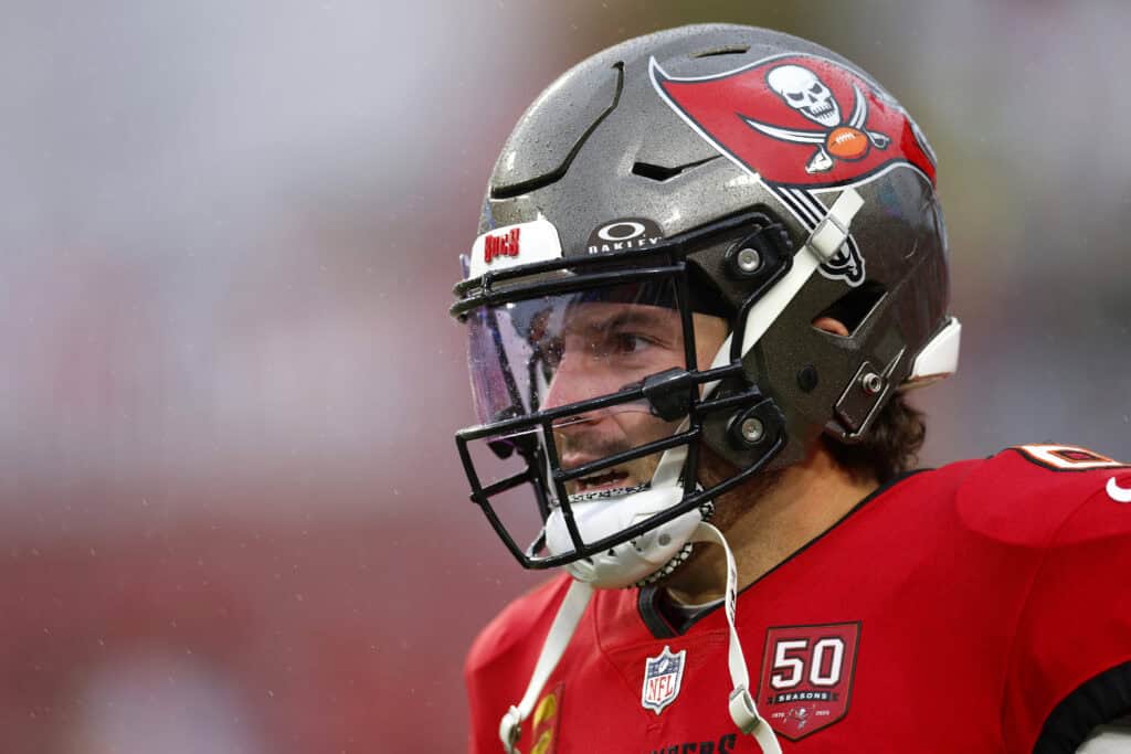 TAMPA, FLORIDA - JANUARY 03: Baker Mayfield #6 of the Tampa Bay Buccaneers looks on during warm ups prior to the game against the Carolina Panthers during a game at Raymond James Stadium on January 03, 2026 in Tampa, Florida.