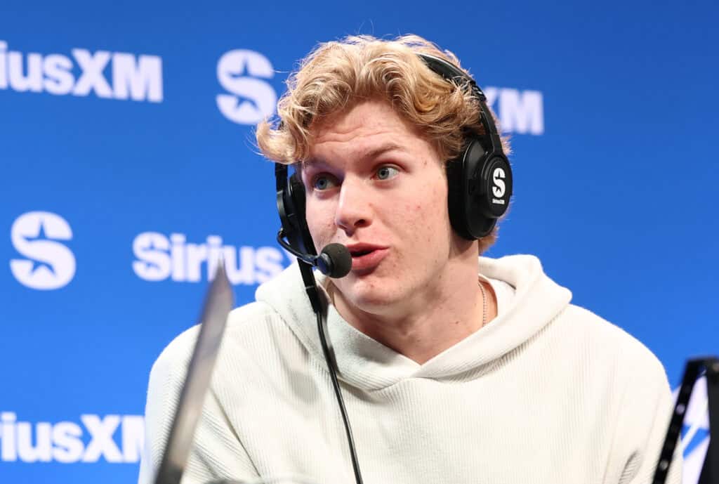 SAN FRANCISCO, CALIFORNIA - FEBRUARY 06: Carson Schwesinger visits SiriusXM on Radio Row at Super Bowl LX on February 06, 2026 in San Francisco, California