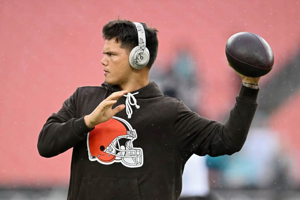 CLEVELAND, OHIO - OCTOBER 19: Dillon Gabriel #8 of the Cleveland Browns warms up prior to a game against the Miami Dolphins at Huntington Bank Field on October 19, 2025 in Cleveland, Ohio.