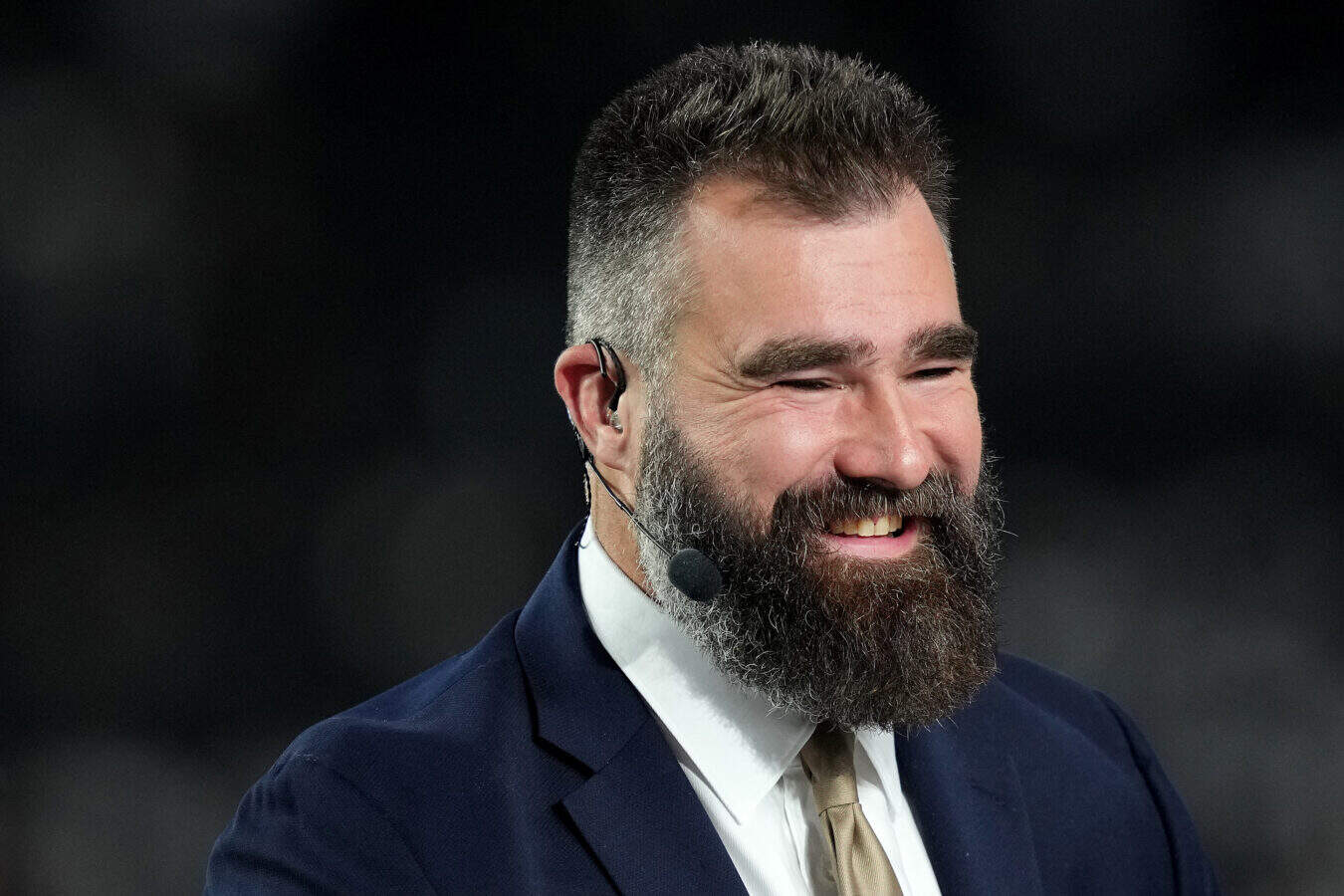 LAS VEGAS, NEVADA - NOVEMBER 17: Broadcaster Jason Kelce reacts before the game between the Las Vegas Raiders and the Dallas Cowboys at Allegiant Stadium on November 17, 2025 in Las Vegas, Nevada.