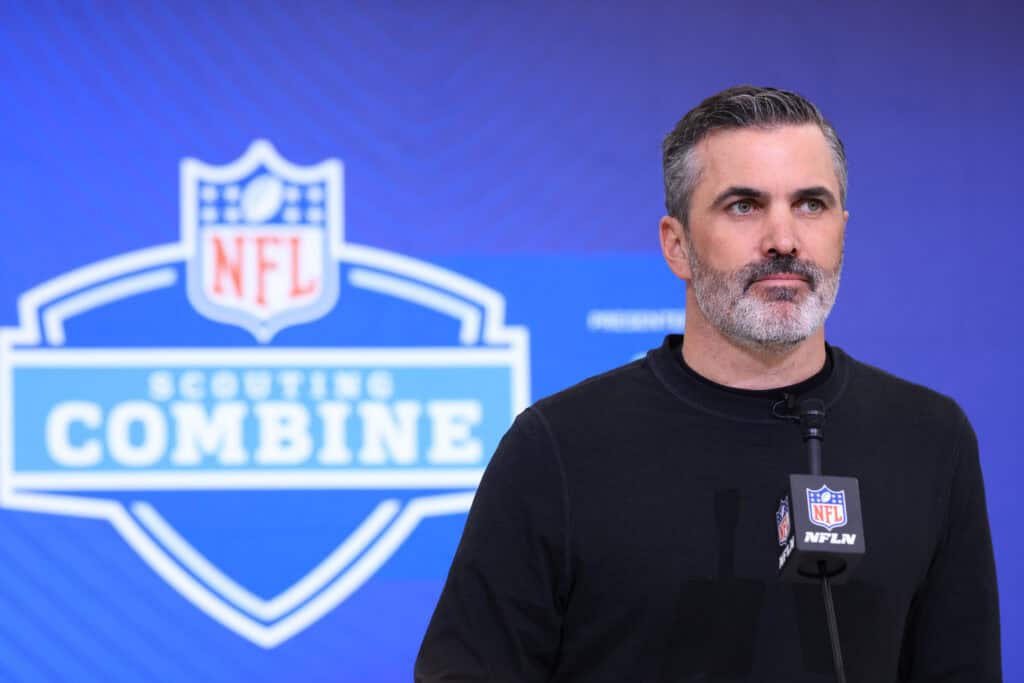 INDIANAPOLIS, INDIANA - FEBRUARY 24: Head coach Kevin Stefanski of the Atlanta Falcons speaks to the media during the 2026 NFL Scouting Combine at Lucas Oil Stadium on February 24, 2026 in Indianapolis, Indiana.