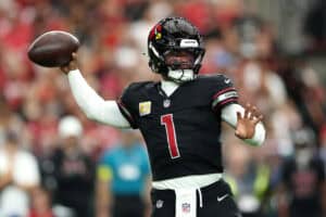 GLENDALE, ARIZONA - OCTOBER 05: Kyler Murray #1 of the Arizona Cardinals in action against the Tennessee Titans at State Farm Stadium on October 05, 2025 in Glendale, Arizona.