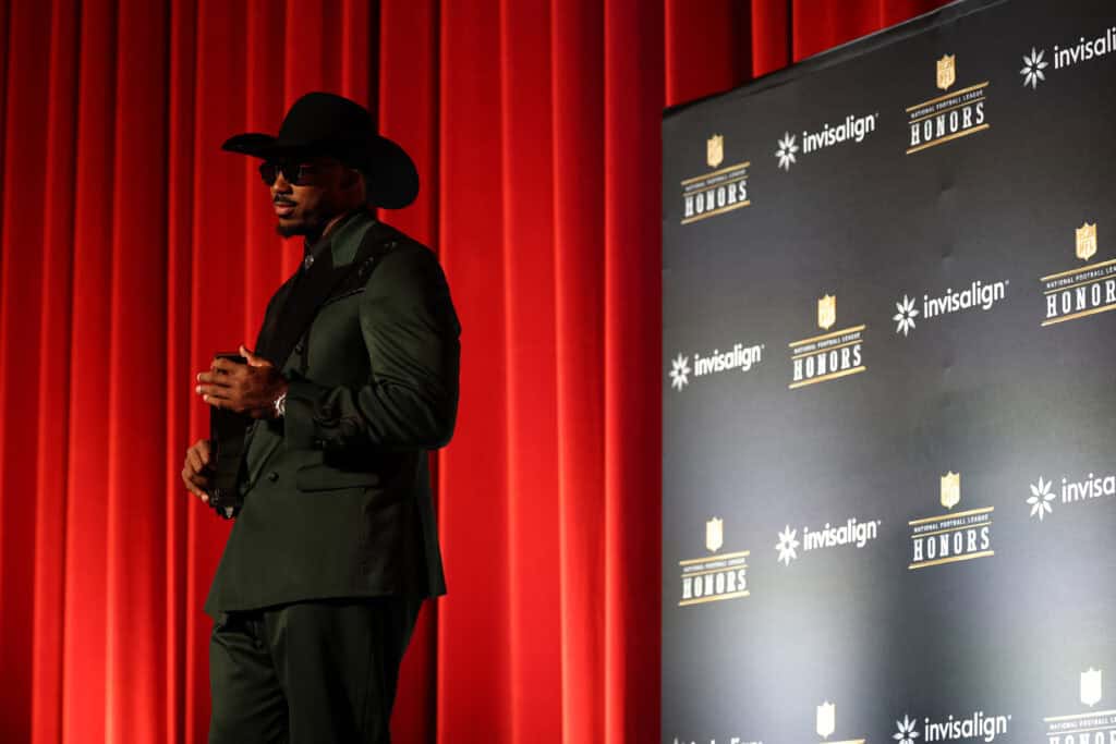 SAN FRANCISCO, CALIFORNIA - FEBRUARY 05: Myles Garrett #95 of the Cleveland Browns and AP NFL Defensive Player of the Year looks on during the 15th Annual NFL Honors during the 15th Annual NFL Honors at the Palace Of Fine Arts on February 05, 2026 in San Francisco, California.