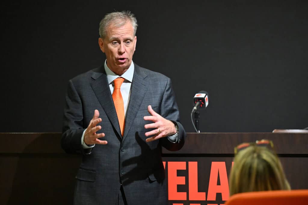 BEREA, OHIO - FEBRUARY 03: Todd Monken talks with the media after being introduced as head coach of the Cleveland Browns during a press conference at CrossCountry Mortgage Campus on February 03, 2026 in Berea, Ohio.