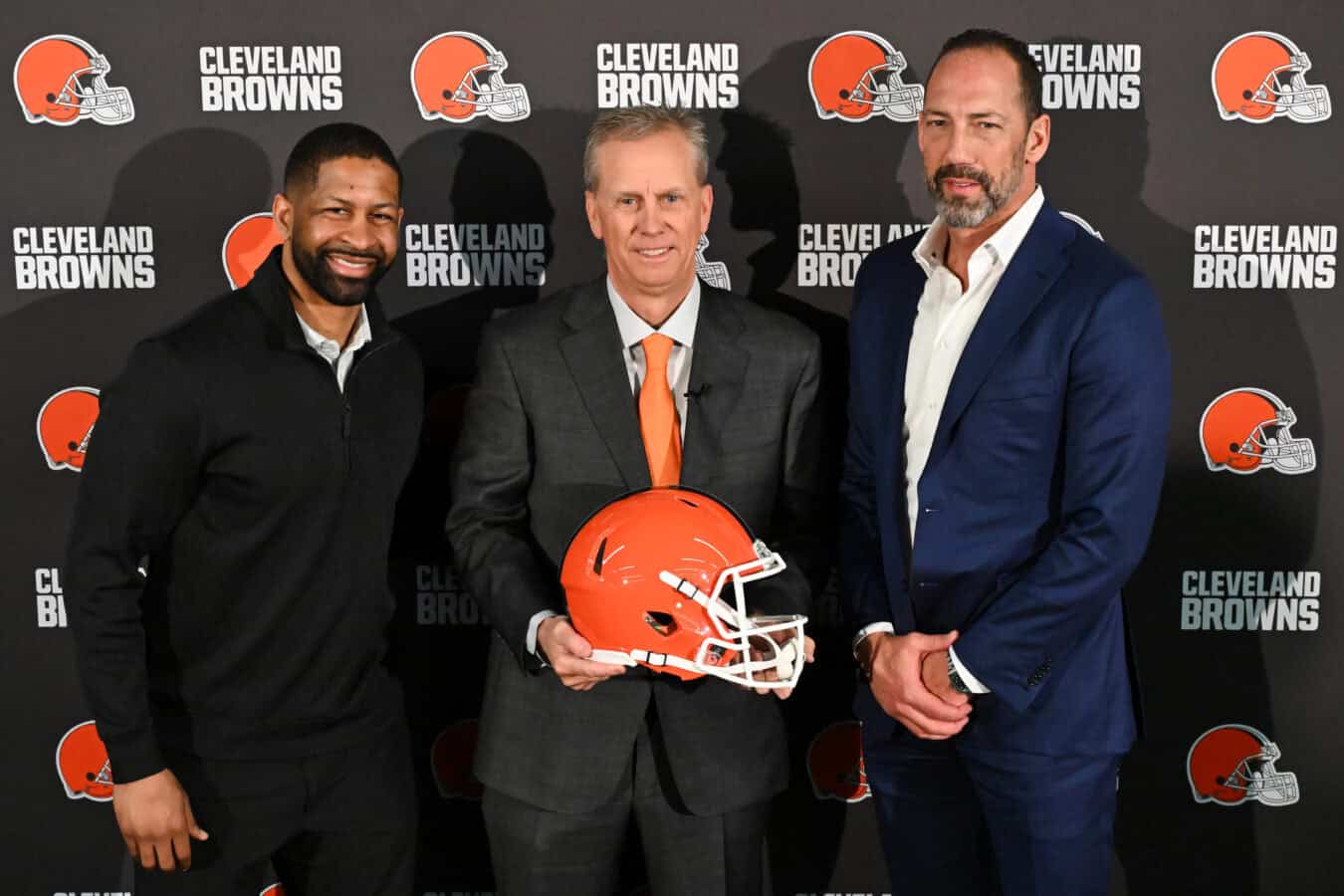 BEREA, OHIO - FEBRUARY 03: (L-R) Executive vice president, football operations & general manager Andrew Berry, Todd Monken and president Dave Jenkins of the Cleveland Browns pose for a photo after a press conference introducing Monken as the team's head coach at CrossCountry Mortgage Campus on February 03, 2026 in Berea, Ohio.