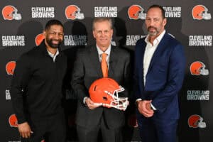 BEREA, OHIO - FEBRUARY 03: (L-R) Executive vice president, football operations & general manager Andrew Berry, Todd Monken and president Dave Jenkins of the Cleveland Browns pose for a photo after a press conference introducing Monken as the team's head coach at CrossCountry Mortgage Campus on February 03, 2026 in Berea, Ohio.