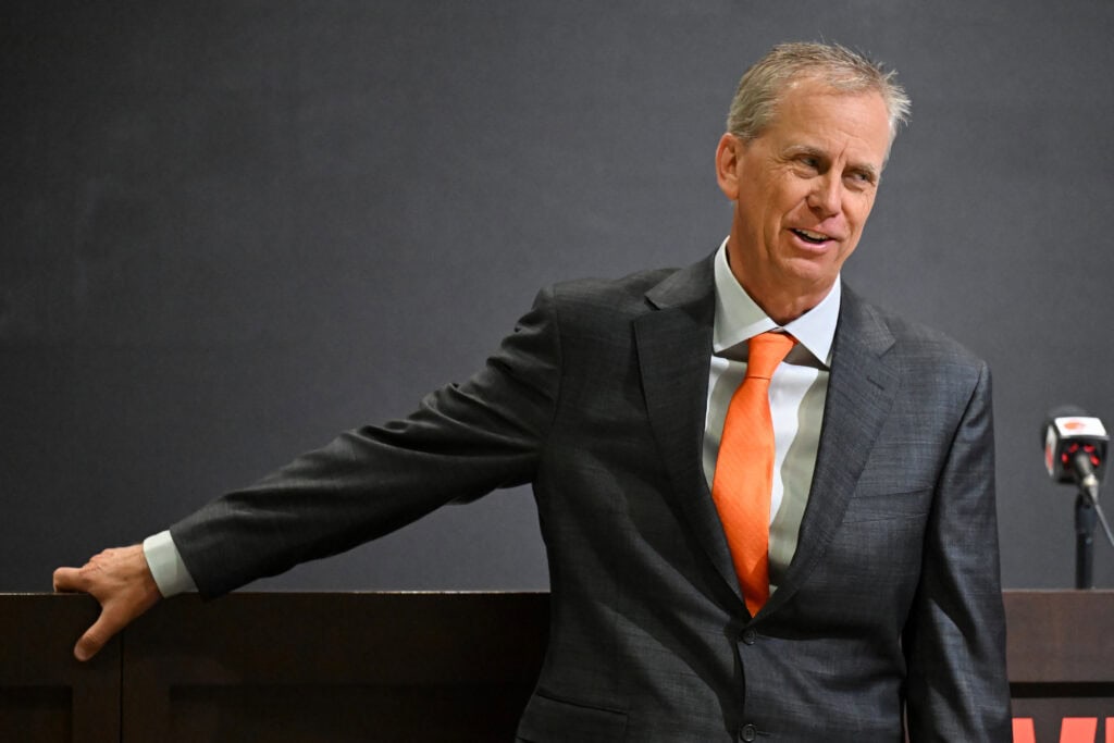 BEREA, OHIO - FEBRUARY 03: Todd Monken talks with the media after being introduced as head coach of the Cleveland Browns during a press conference at CrossCountry Mortgage Campus on February 03, 2026 in Berea, Ohio.