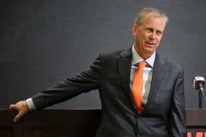 BEREA, OHIO - FEBRUARY 03: Todd Monken talks with the media after being introduced as head coach of the Cleveland Browns during a press conference at CrossCountry Mortgage Campus on February 03, 2026 in Berea, Ohio.