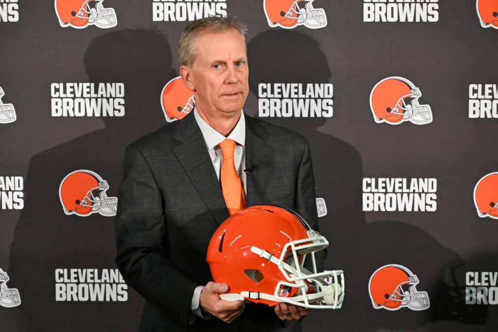 BEREA, OHIO - FEBRUARY 03: Todd Monken poses for photos after being introduced as head coach of the Cleveland Browns during a press conference at CrossCountry Mortgage Campus on February 03, 2026 in Berea, Ohio.