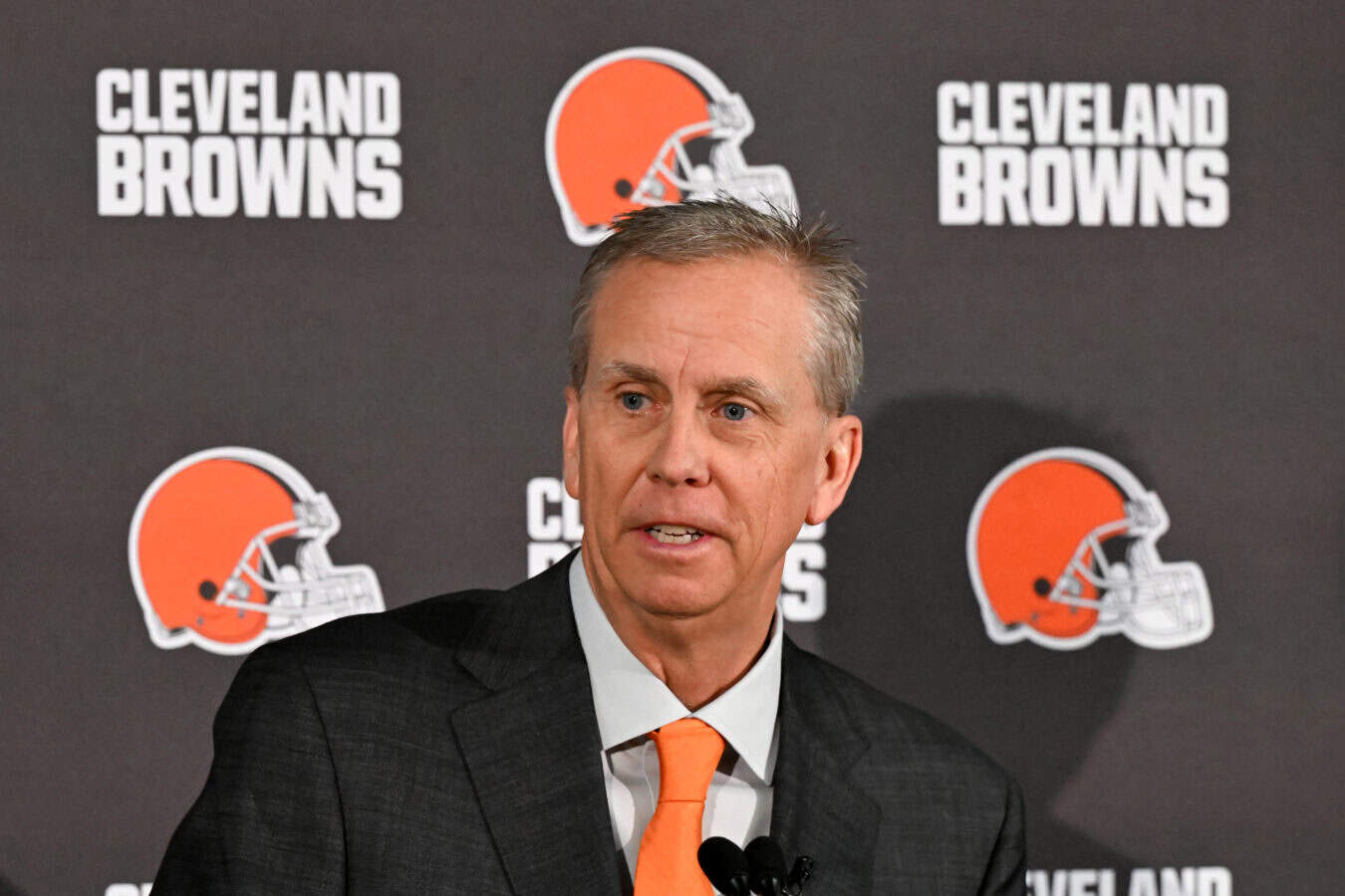 BEREA, OHIO - FEBRUARY 03: Todd Monken answers questions from the media after being introduced as head coach of the Cleveland Browns during a press conference at CrossCountry Mortgage Campus on February 03, 2026 in Berea, Ohio. (Photo by Nick