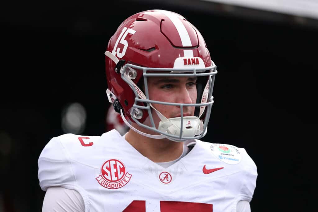 PASADENA, CALIFORNIA - JANUARY 01: Ty Simpson #15 of the Alabama Crimson Tide looks on prior to the game against the Indiana Hoosiers in the College Football Playoff Quarterfinal at Rose Bowl Stadium on January 01, 2026 in Pasadena, California.