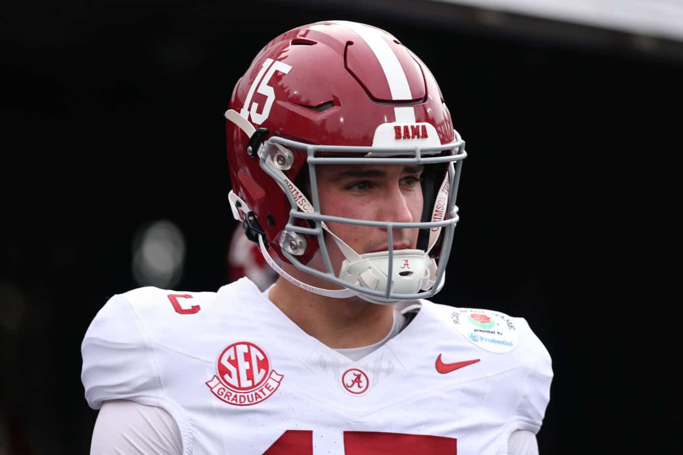PASADENA, CALIFORNIA - JANUARY 01: Ty Simpson #15 of the Alabama Crimson Tide looks on prior to the game against the Indiana Hoosiers in the College Football Playoff Quarterfinal at Rose Bowl Stadium on January 01, 2026 in Pasadena, California.