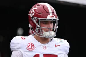 PASADENA, CALIFORNIA - JANUARY 01: Ty Simpson #15 of the Alabama Crimson Tide looks on prior to the game against the Indiana Hoosiers in the College Football Playoff Quarterfinal at Rose Bowl Stadium on January 01, 2026 in Pasadena, California.