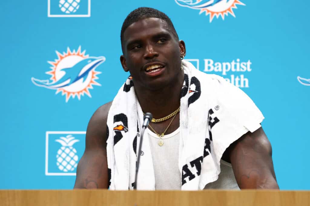 MIAMI GARDENS, FLORIDA - JULY 22: Tyreek Hill #10 of the Miami Dolphins speaks to the media during Miami Dolphins Training Camp at Baptist Health Training Complex on July 22, 2025 in Miami Gardens, Florida.