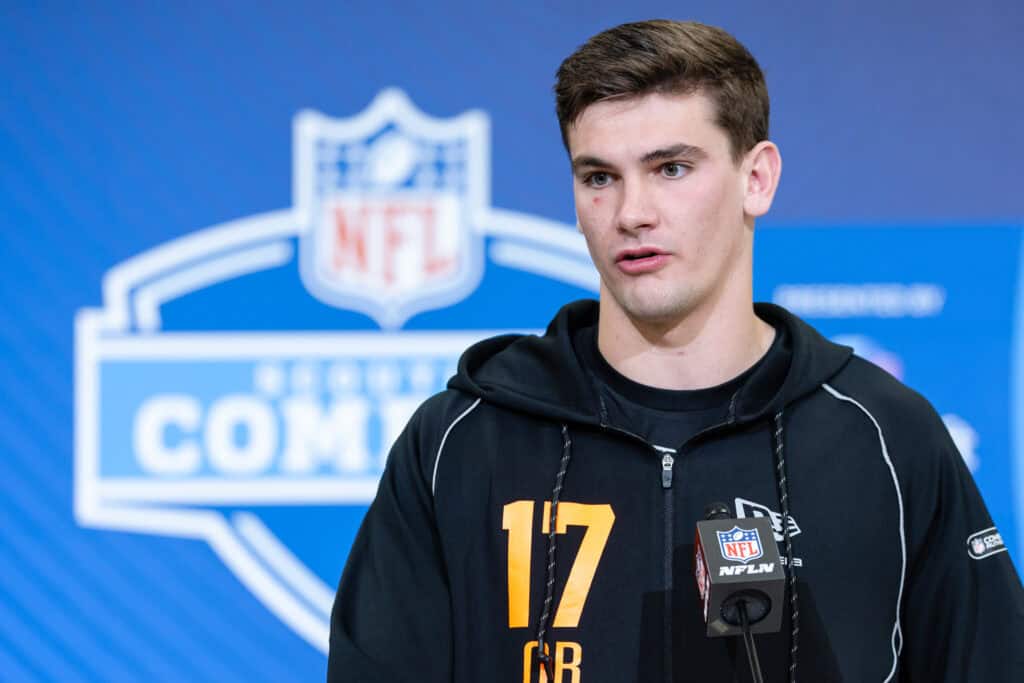 INDIANAPOLIS, INDIANA - FEBRUARY 27: Ty Simpson of the Alabama Crimson Tide speaks to the media during the 2026 NFL Draft Combine at the Indiana Convention Center on February 27, 2026 in Indianapolis, Indiana.
