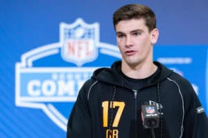 INDIANAPOLIS, INDIANA - FEBRUARY 27: Ty Simpson of the Alabama Crimson Tide speaks to the media during the 2026 NFL Draft Combine at the Indiana Convention Center on February 27, 2026 in Indianapolis, Indiana.
