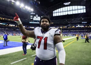 INDIANAPOLIS, INDIANA - JANUARY 08: Tytus Howard #71 of the Houston Texans looks on after the game against the Indianapolis Colts at Lucas Oil Stadium on January 08, 2023 in Indianapolis, Indiana.