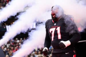 HOUSTON, TEXAS - JANUARY 11: Tytus Howard #71 of the Houston Texans takes the field prior to a game against the Los Angeles Chargers during the AFC Wild Card Playoffs at NRG Stadium on January 11, 2025 in Houston, Texas.