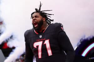 HOUSTON, TEXAS - JANUARY 11: Tytus Howard #71 of the Houston Texans takes the field before a game against the Los Angeles Chargers during the AFC Wild Card Playoffs at NRG Stadium on January 11, 2025 in Houston, Texas.
