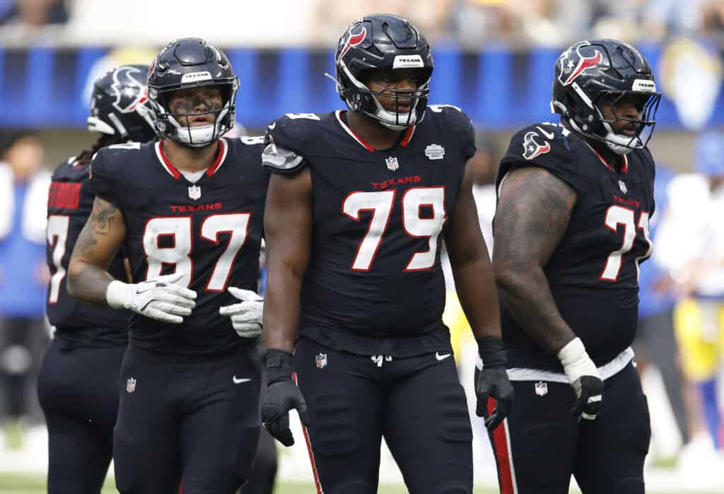 INGLEWOOD, CALIFORNIA - SEPTEMBER 07: Cade Stover #87, Aireontae Ersery #79 and Tytus Howard #71 of the Houston Texans during the NFL 2025 game against the Los Angeles Rams at SoFi Stadium on September 07, 2025 in Inglewood, California.