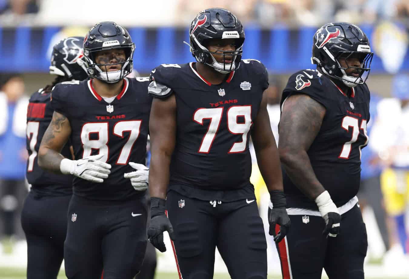 INGLEWOOD, CALIFORNIA - SEPTEMBER 07: Cade Stover #87, Aireontae Ersery #79 and Tytus Howard #71 of the Houston Texans during the NFL 2025 game against the Los Angeles Rams at SoFi Stadium on September 07, 2025 in Inglewood, California.