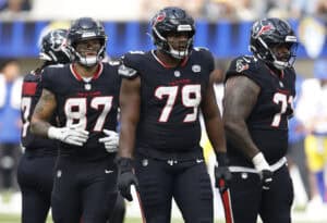 INGLEWOOD, CALIFORNIA - SEPTEMBER 07: Cade Stover #87, Aireontae Ersery #79 and Tytus Howard #71 of the Houston Texans during the NFL 2025 game against the Los Angeles Rams at SoFi Stadium on September 07, 2025 in Inglewood, California.