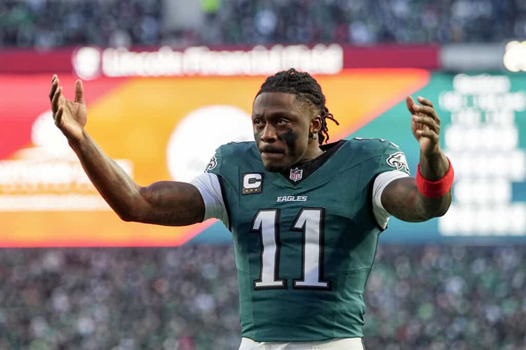 PHILADELPHIA, PENNSYLVANIA - JANUARY 11: A.J. Brown #11 of the Philadelphia Eagles pumps up the crowd before the NFC Wild Card Playoff game against the San Francisco 49ers at Lincoln Financial Field on January 11, 2026 in Philadelphia, Pennsylvania.