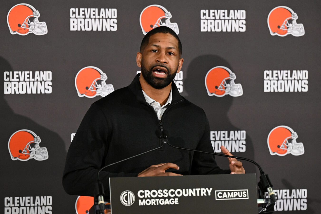 BEREA, OHIO - FEBRUARY 03: Executive vice president, football operations & general manager Andrew Berry of the Cleveland Browns speaks to the media during a press conference introducing Todd Monken as the team's head coach at CrossCountry Mortgage Campus on February 03, 2026 in Berea, Ohio.