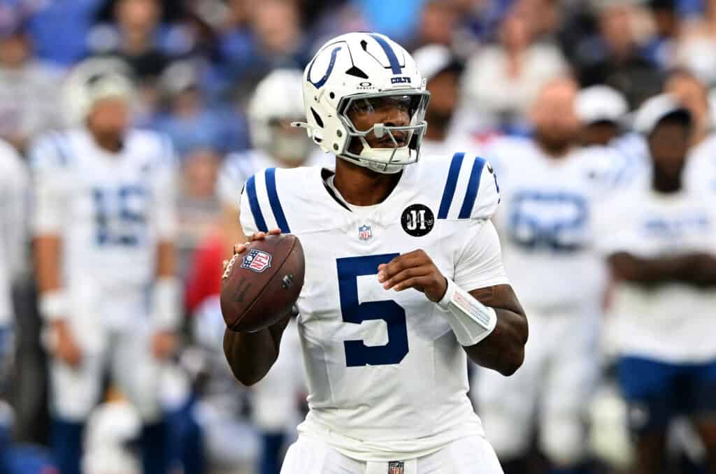 BALTIMORE, MARYLAND - AUGUST 07: Anthony Richardson Sr. #5 of the Indianapolis Colts drops back to pass in the first quarter against the Baltimore Ravens during the NFL Preseason 2025 game at M&T Bank Stadium on August 07, 2025 in Baltimore, Maryland.