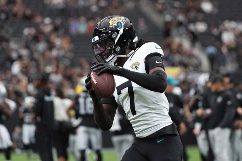 LAS VEGAS, NEVADA - NOVEMBER 02: Brian Thomas Jr. #7 of the Jacksonville Jaguars warms up in the game against the Las Vegas Raiders at Allegiant Stadium on November 02, 2025 in Las Vegas, Nevada.