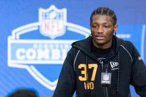 INDIANAPOLIS, INDIANA - FEBRUARY 27: Carnell Tate of the Ohio State Buckeyes speaks to the media during the 2026 NFL Draft Combine at the Indiana Convention Center on February 27, 2026 in Indianapolis, Indiana. (