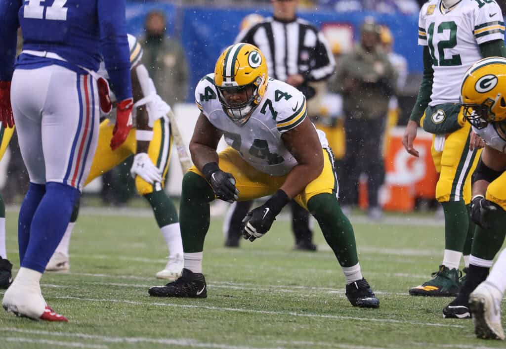 AST RUTHERFORD, NEW JERSEY - DECEMBER 01: Elgton Jenkins #74 of the Green Bay Packers in action against the New York Giants during their game at MetLife Stadium on December 01, 2019 in East Rutherford, New Jersey.