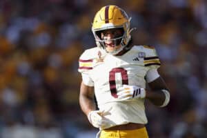 TEMPE, ARIZONA - OCTOBER 18: Jordyn Tyson #0 of the Arizona State Sun Devils during the NCAAF game at Mountain America Stadium on October 18, 2025 in Tempe, Arizona. The Sun Devils defeated the Red Raiders 26-22.