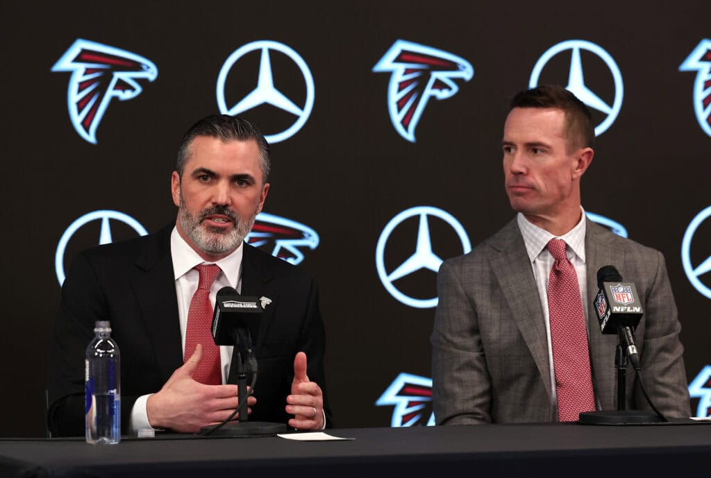 ATLANTA, GEORGIA - JANUARY 27: Kevin Stefanski and President of Football Operations Matt Ryan speak to the media after Stefanski is introduced as the head coach of the Atlanta Falcons at Mercedes-Benz Stadium on January 27, 2026 in Atlanta, Georgia.